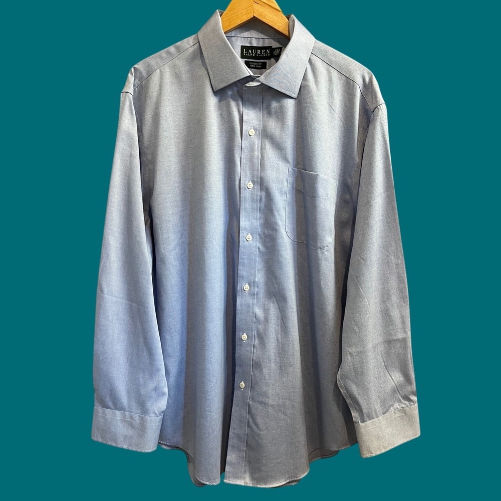 Lauren Ralph Lauren Dress Shirt Mens 18 34/35 Blue Non Iron Classic Fit Oxford
